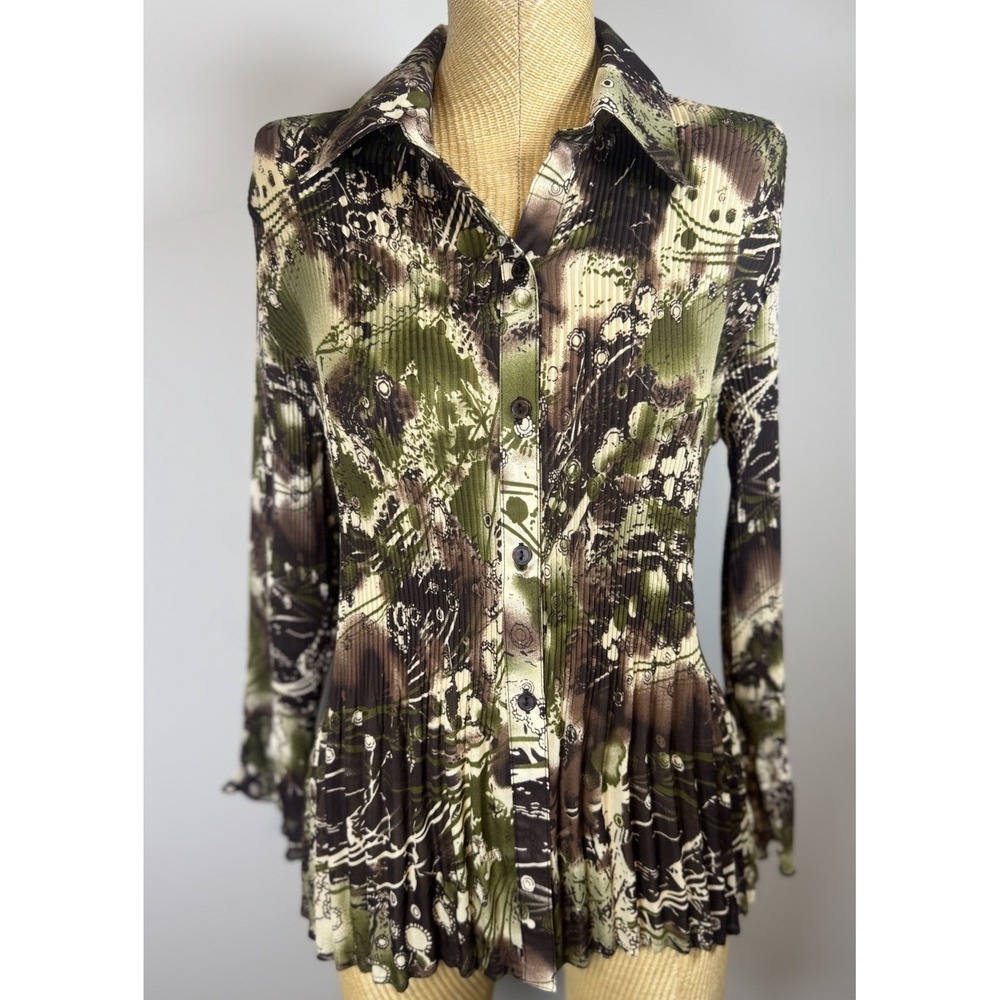 Brown Green Accordion Pleated Y2K Bell Sleeve Collared Button Up Top Size‎ L